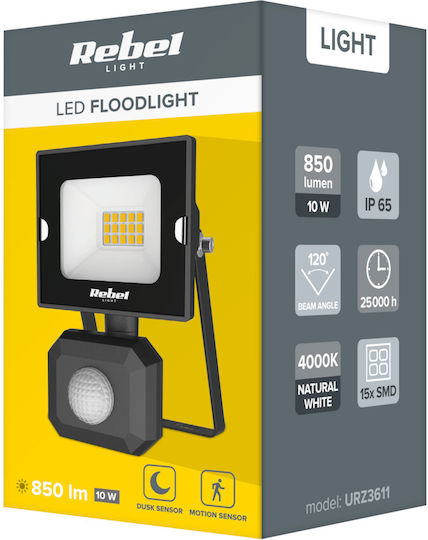 Rebel Στεγανός Προβολέας LED 10W Φυσικό Λευκό 4000K με Αισθητήρα Κίνησης IP44