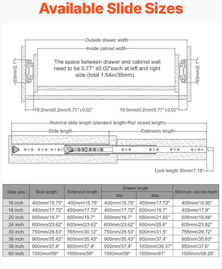 Vevor 1 Pair 16-60 In Soft-close Drawer Slides Ball Bearing Full Extension