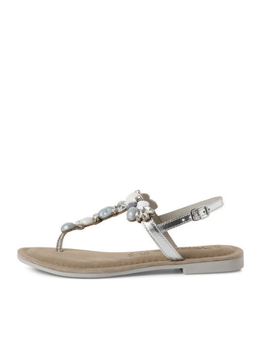 Leather Women's Flat Sandals in Silver Color