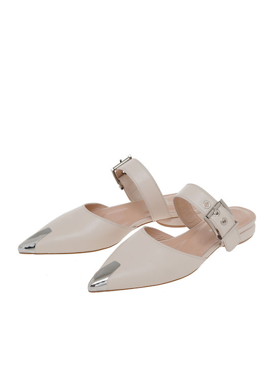 Flat Leather Mules in White Color