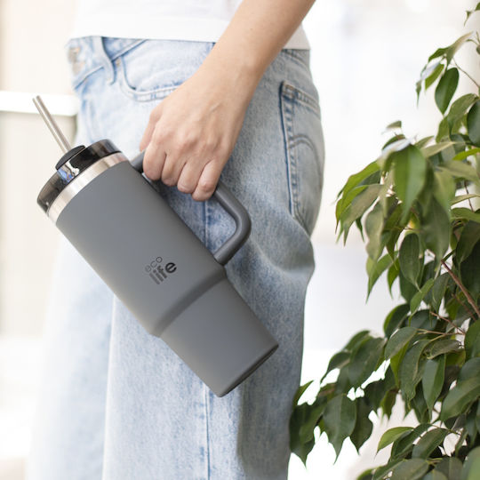 Ecolife Recyclable Handled Tumbler Thermos Stainless Steel / Plastic BPA Free 900ml Junior Grey with Straw and Handle