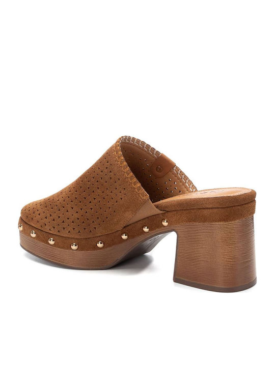 Suede Mules with Chunky High Heel in Brown Color