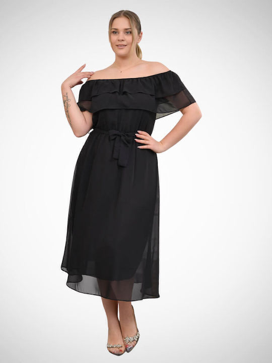 Summer Midi Evening Dress with Sheer Black