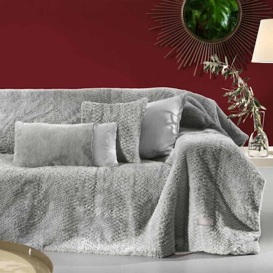 Guy Laroche Crusty Ριχτάρι Τριθέσιου Καναπέ Γούνινο 170x300εκ. Silver με Μαξιλαροθήκη