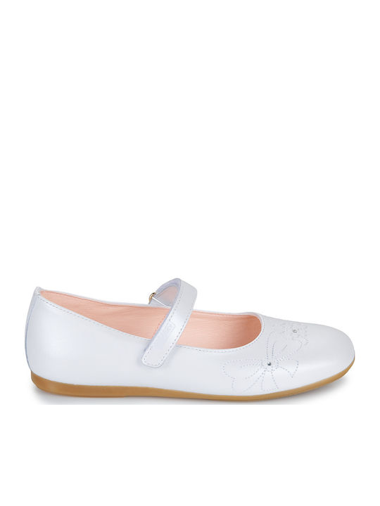Kids Leather Ballerinas with Hoop & Loop Closure White