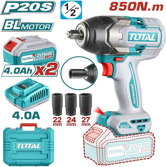 Total Brushless Μπουλονόκλειδο Μπαταρίας 20V 2x4Ah με Υποδοχή 1/2"