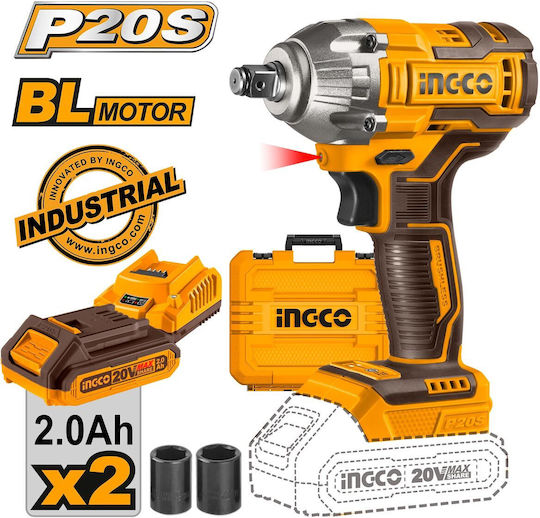 Ingco CIWLI2038 Brushless Impact Wrench Battery 20V 2x2Ah with Socket 1/2"