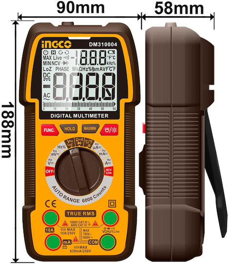 Ingco Ψηφιακό Πολύμετρο True RMS με Μέτρηση AC / DC / Αντίστασης / Χωρητικότητας / Θερμοκρασίας DM310004
