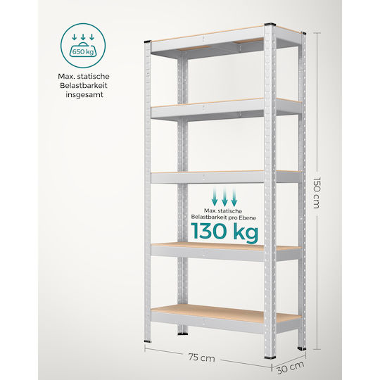 Songmics Ραφιέρα Dexion 75x30x150εκ. με 5 Ράφια Συνολικής Αντοχής 650kg