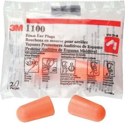 3M 1100 Single Use Earplugs in Orange Color Pack of 2 Pieces