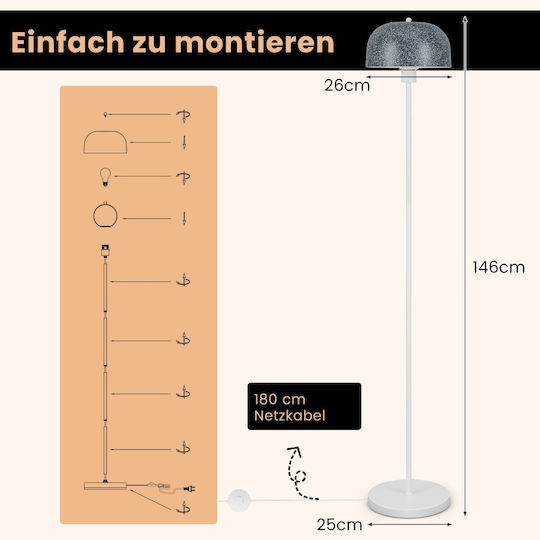 Costway Floor Lamp H146xW26cm. with Socket for Bulb E27 Gray