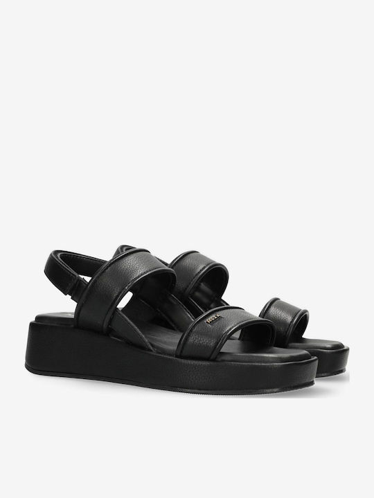 Leather Women's Flat Sandals with Strap in Black Color