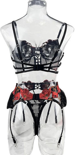 Set 3 Pieces Sexy Intimate Erotic Lingerie Made Thick Solid Lace Flowers Push-up Bra S