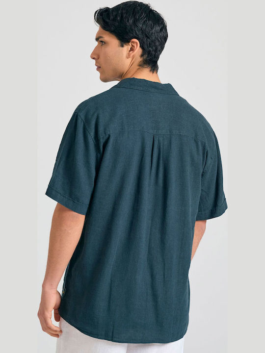Short-sleeved Linen Shirt in Wide Line Dk Teal