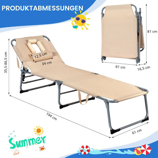 Costway Beach Sunbed Beige Foldable Metallic Length 154cm
