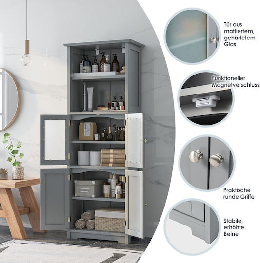 Costway Tall White Gray Storage Cabinet 163 cm Adjustable Shelves Glass Doors Bathroom Kitchen or Living Room Jv10642gr