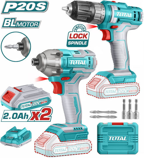Total TOSLI230708 Set Mașină de găurit & Șurubelniță Brushless 20V cu 2 baterii 2Ah și husă