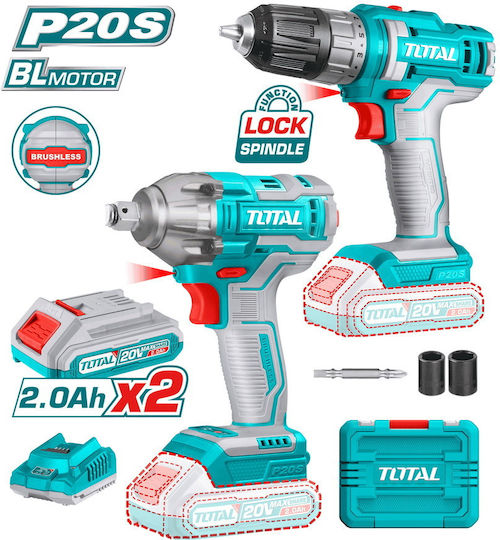 Total TOSLI230702 Set Mașină de găurit & Șurubelniță cu impact Brushless 20V cu 2 baterii 2Ah și husă