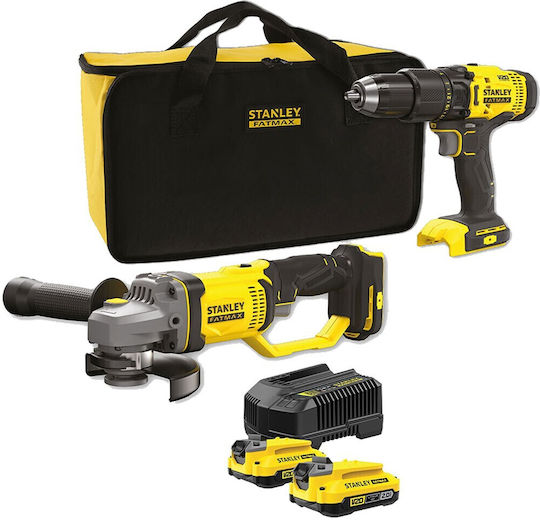 Stanley Fatmax Set Angle Wheel & Drill Driver 18V with 2 Batteries 2Ah and Case