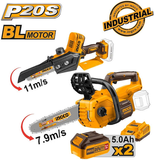 Ingco COSLI240788E Set 2 Chainsaws Brushless 20V with 2 Batteries 5Ah