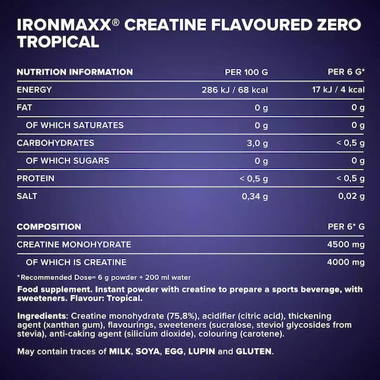 IronMaxx Creatine Flavoured Zero Μονοϋδρική Κρεατίνη με Γεύση Tropical 500gr