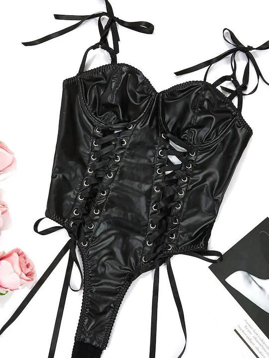 Sexy Intimate Erotic Lingerie Body Made Elastic Eco-leather Latex Roleplay Adjustable To Body Corset Model Laces Push-up Bra Black
