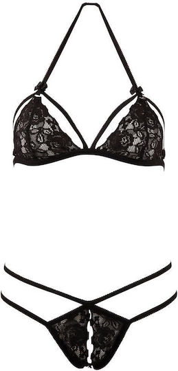 Cottelli Collection Floral Lace Peekaboo Bra with String Sexy Σετ Εσωρούχων με Δαντέλα Black