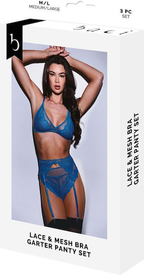 Baci Lingerie Lace Sexy Σετ Εσωρούχων με Δαντέλα & Ζαρτιέρες Μπλε 3τμχ