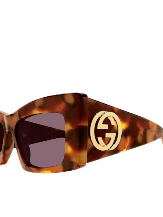 Gucci Women's Sunglasses with Brown Tartaruga Plastic Frame and Purple Lens