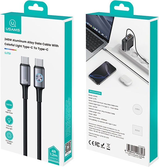 Usams SJ751 Geflochtenes LED USB 2.0 Kabel USB-C männlich - USB-C 240W PD Schwarz 1,2m SJ751USB01