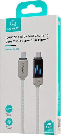 Usams Cablu USB 2.0 Braided / LED USB-C Masculin - USB-C 100W PD Alb 1.2m SJ744USB02