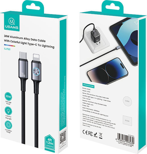 Usams SJ753 Braided / LED USB-C to Lightning Cable 30W Black 1.2m (SJ753USB01)