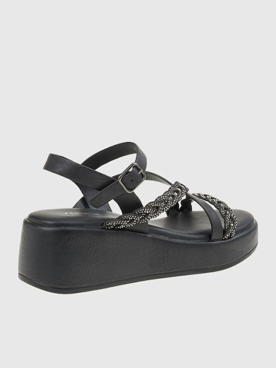 Women's Leather Ankle Strap Platforms Black