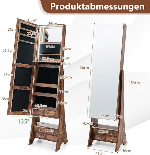 Costway Boden- oder Standspiegel mit Braune Holz Rahmen