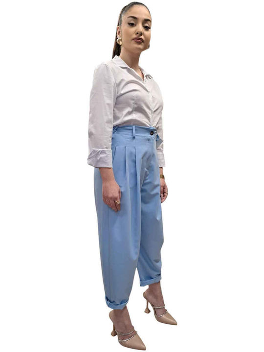 Women's Fabric Capri Trousers Loose Fit Light Blue