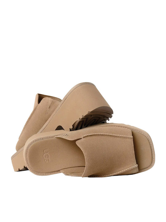 New Heights Slippers Suede Mules with Chunky High Heel in Beige Color