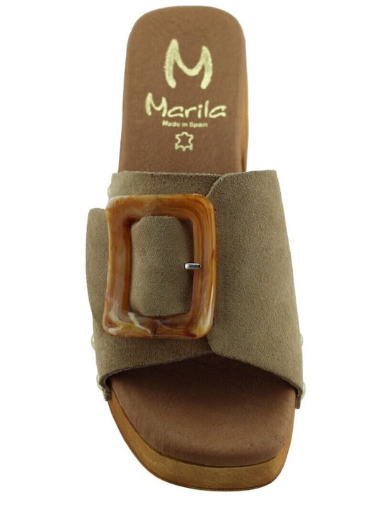 Suede Women's Mules with Low Heel in Beige Color