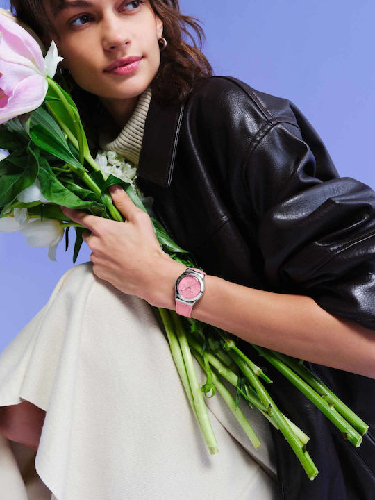 Swatch Swatch Γυναικείο Ρολόι 33mm Μπαταρίας με Ροζ Δερμάτινο Λουράκι