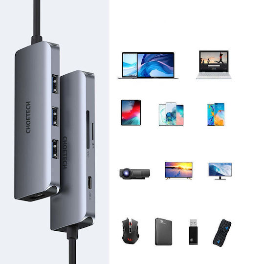 Choetech USB-C Docking Station με 4K PD Ethernet Γκρι (HUB-M19)
