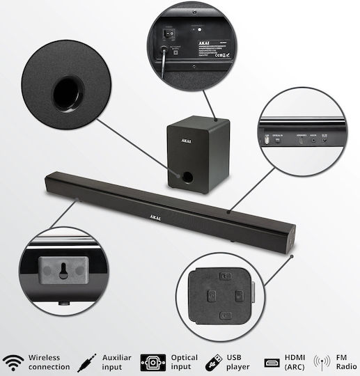 Akai Proffesional ASB-6WSW Soundbar 2.1 Bluetooth και HDMI 70W με Ασύρματο Subwoofer και Τηλεχειριστήριο Μαύρο