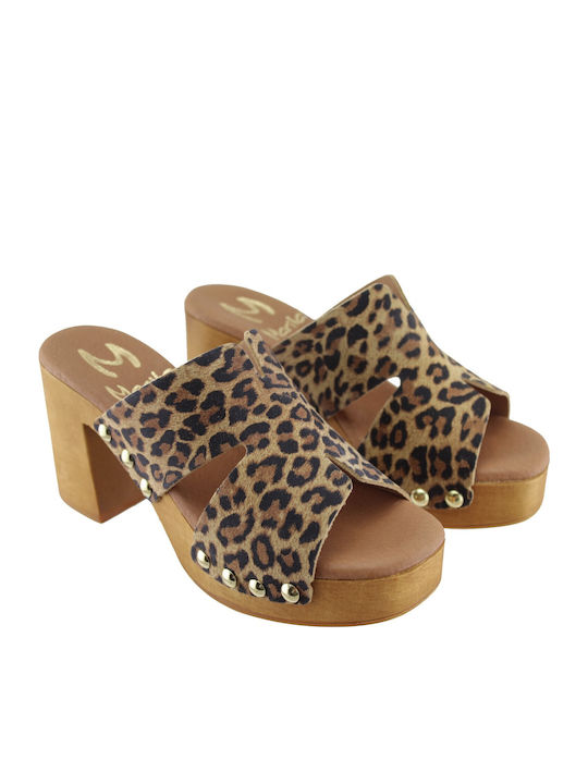 Leather Mules With High Heel In Brown Colour