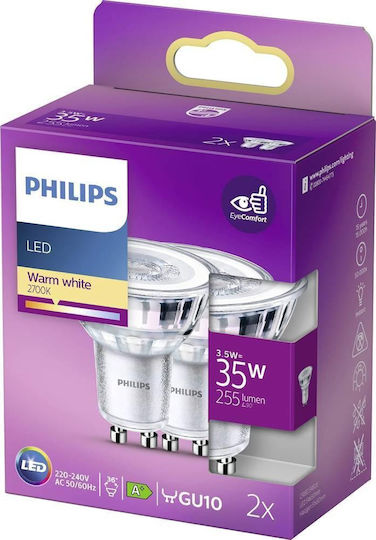 Philips Λάμπες LED 3.5W για Ντουί GU10 Θερμό Λευκό 255lm 2τμχ