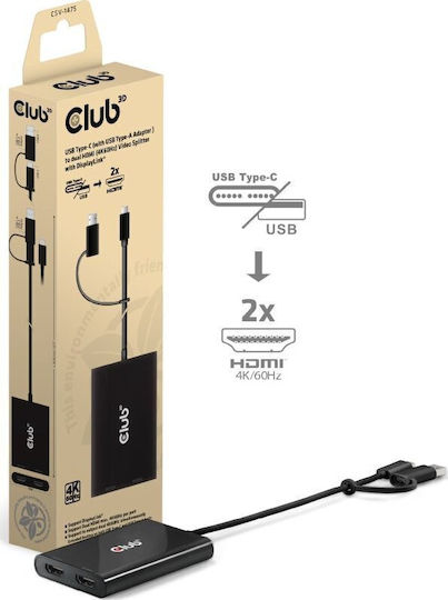 Club-3d Video Splitter 2:1 Csv-1475 Usb Type-c Usb Type-a Adapter To 2x Hdmi Displaylink 4k 60hz