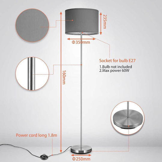 Bakaji Floor Lamp H160xW35cm. with Socket for Bulb E27 Gray