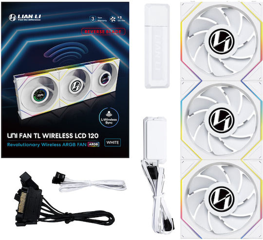 Lian Li UNI FAN TL Wireless LCD Reverse Blade Case Fan 120mm (1900rpm / 54.3cfm) with ARGB Lighting 3pcs White