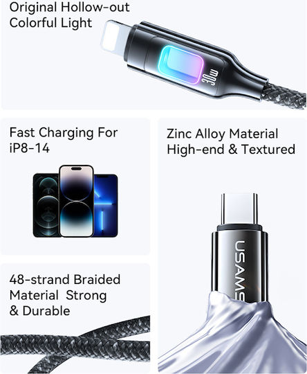Usams SJ749 Braided / LED USB-C to Lightning Cable 30W White 1.2m (SJ749USB02)