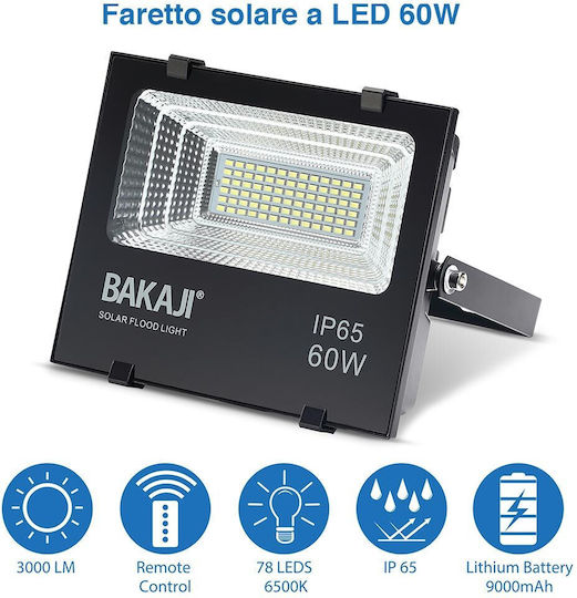 Bakaji Στεγανός Ηλιακός Προβολέας LED 60W Ψυχρό Λευκό 6500K με Φωτοκύτταρο και Τηλεχειριστήριο IP65