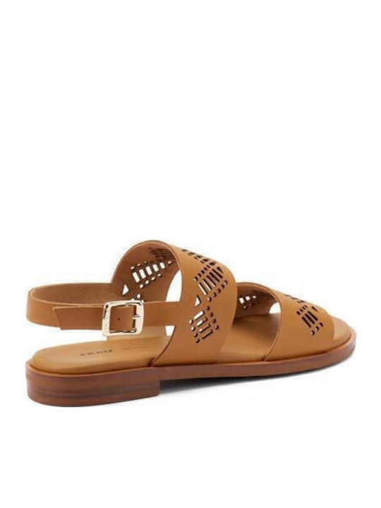 Leather Women's Flat Sandals in Tabac Brown Color