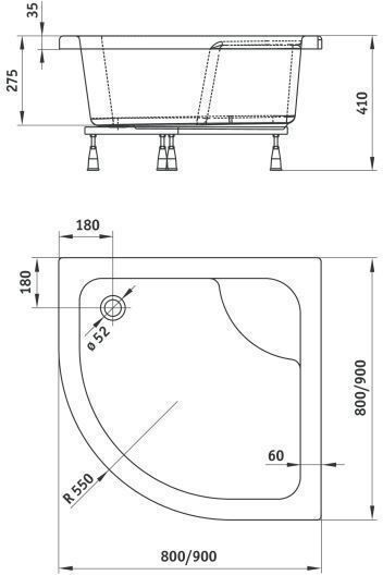 Deante U-Shaped Acrilic Duș 90x90cm Albă