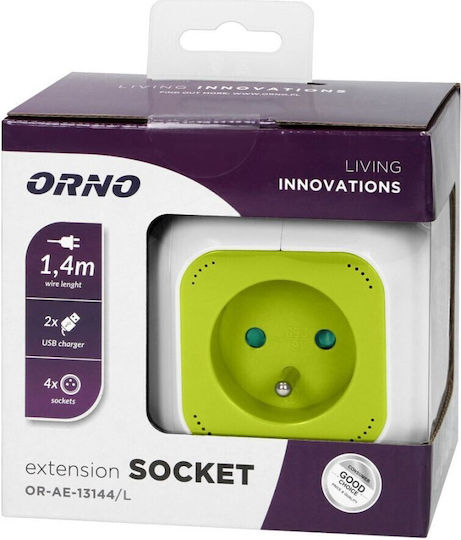 Orno PowerCube 4 Θέσεων με 2 USB-A και Καλώδιο 1.4m Πράσινο